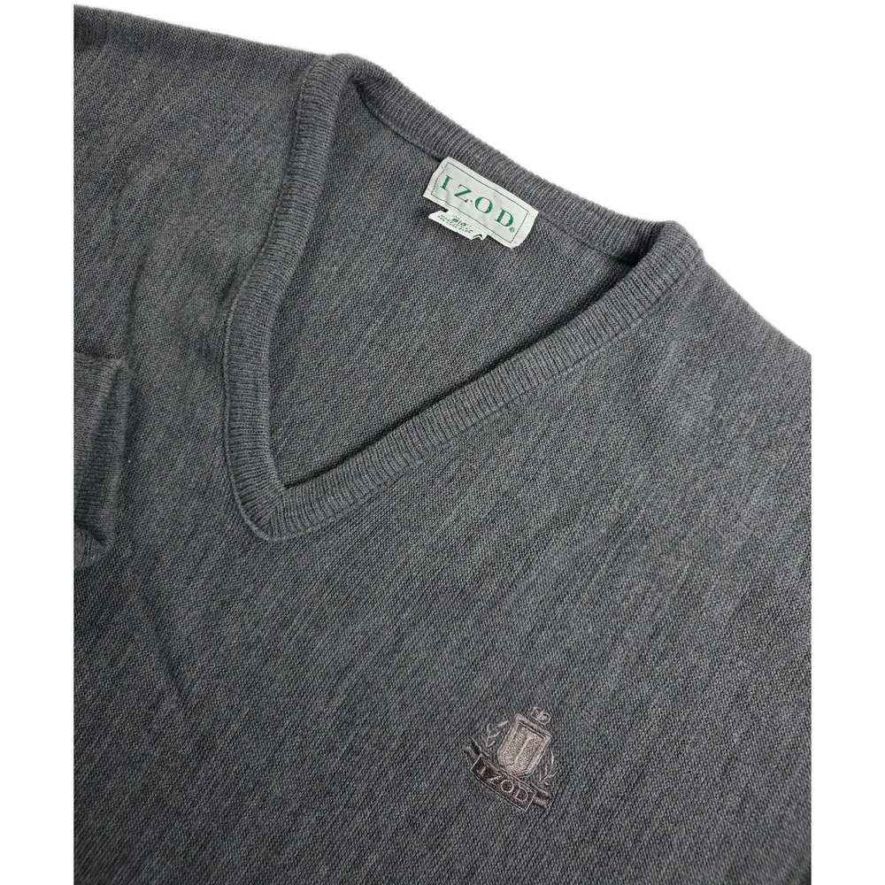 Vintage IZOD‎ Acrylic V-Neck Sweater Mens 1X BIG Gray Grandpa 80s CREST USA